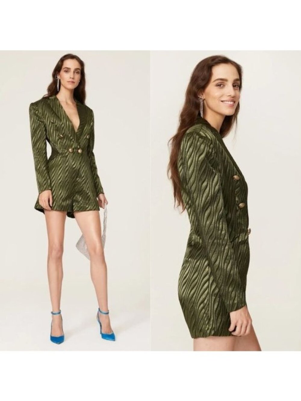 Retrofete Jana Jacquard Blazer Romper M Green Animal Print Plunging Neckline